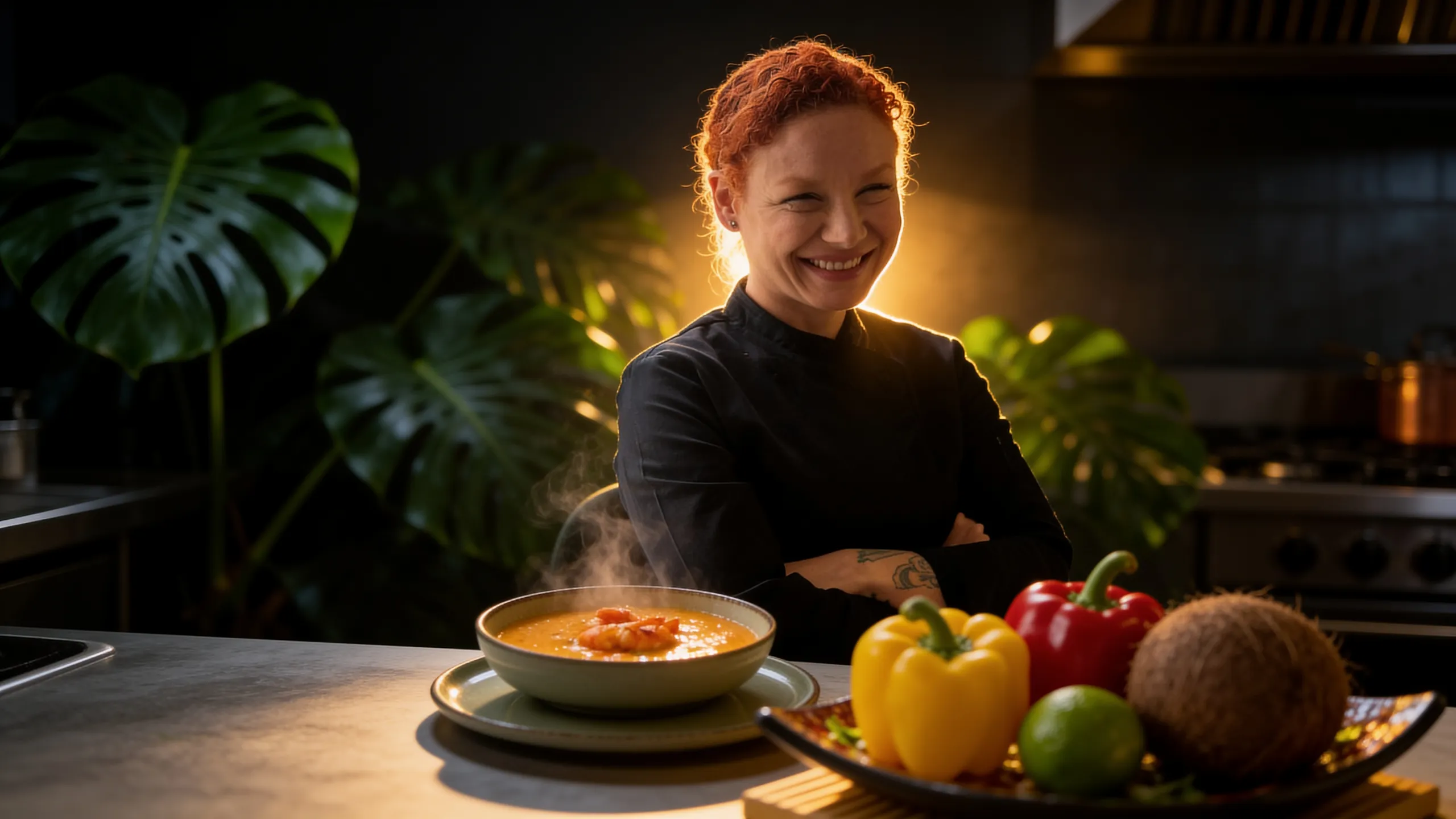 Luiza Prevos, cheffe brésilienne, devant son bobó de crevettes fumant